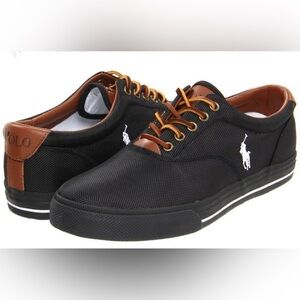 Polo Ralph Lauren Vaughn sneakers in black with brown leather accents. Sz 40